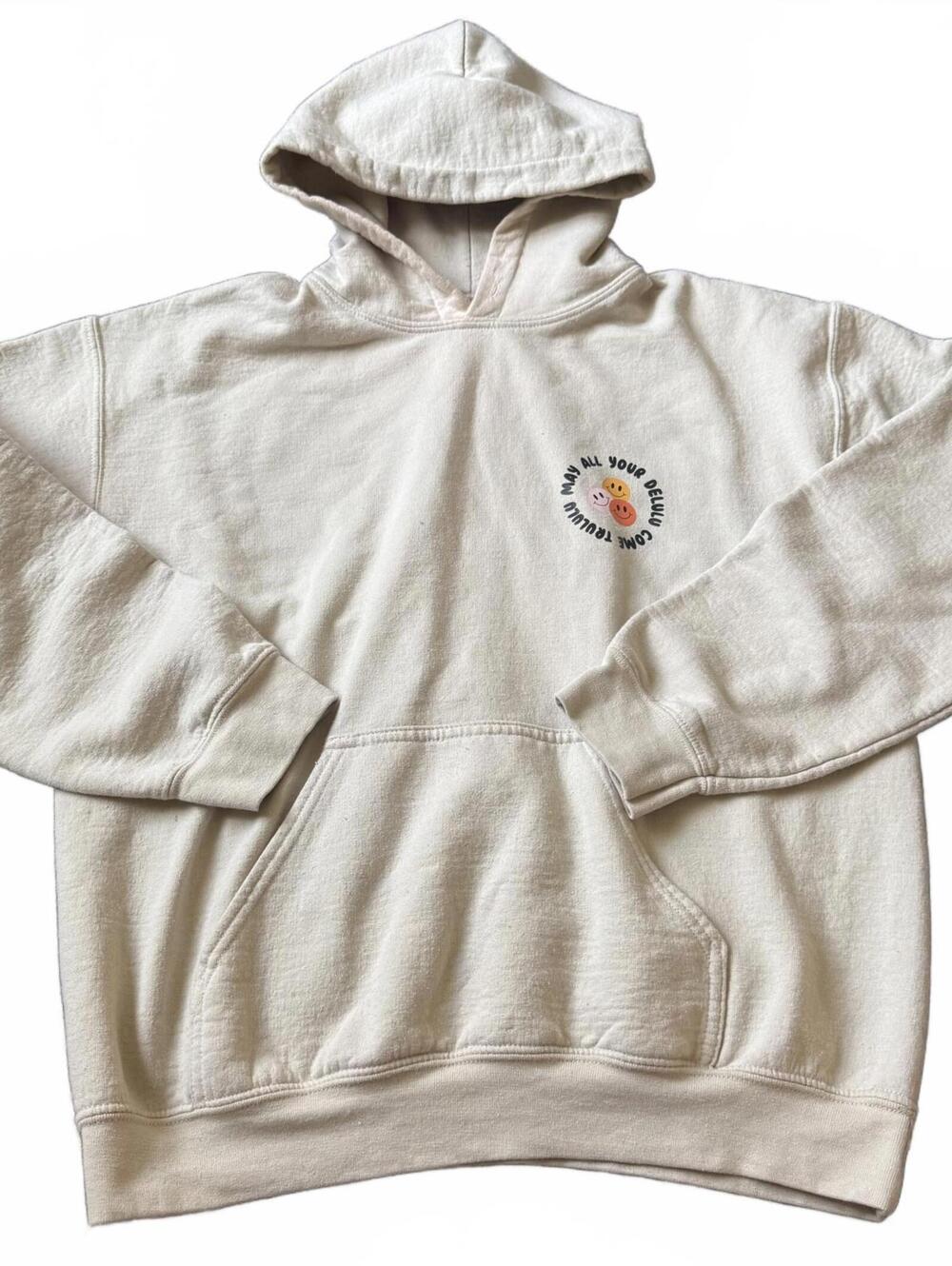 Good Vibes Smiley Graphic Hoodie Cream Gildan Heavy Blend Pullover Size M